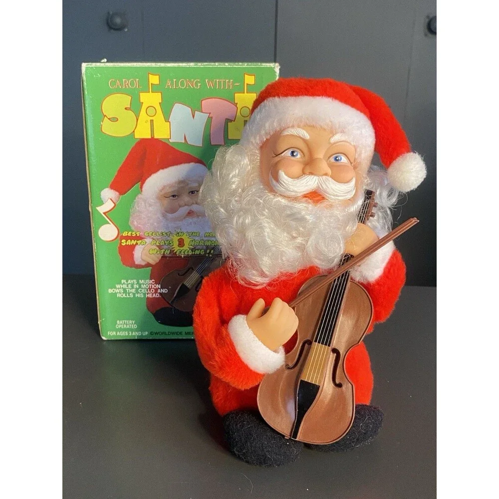 Vintage Animated Musical Santa Figure w Box Playing Cello 8